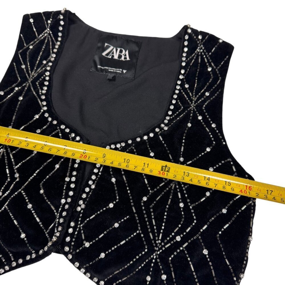 ZARA Black Velvet Waistcoat With Rhinestones Sz XS Vest Whimsigoth Boho Glam - Picture 10 of 16